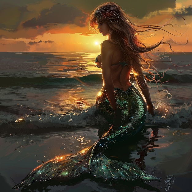 a mermaid with long hair stands in the water with the sun setting behind her