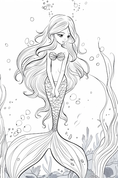 a mermaid with long hair and a tail sitting on the bottom of a rock generative ai