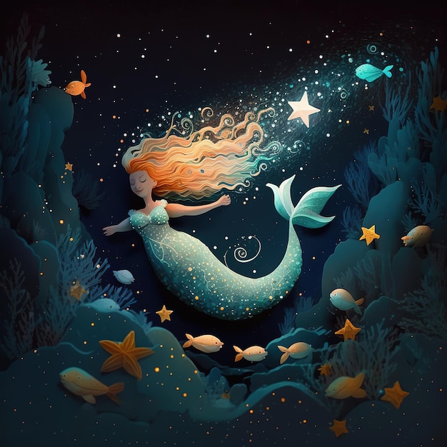 A mermaid with long hair and a tail that says'mermaids '