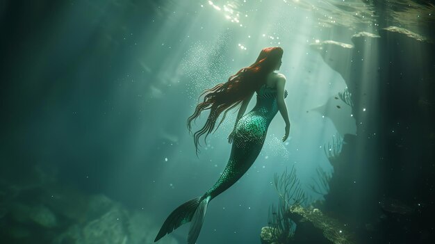 A mermaid with long red hair swims underwater