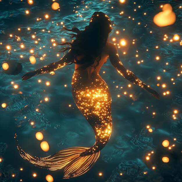 Photo a mermaid with a long tail is swimming in the water with orange balls