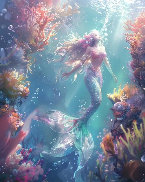 Photo a mermaid with a mermaid under water with corals and corals