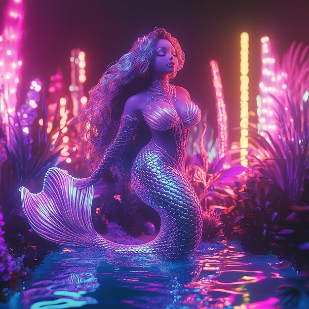 Photo a mermaid with a mermaid in the water with lights around her