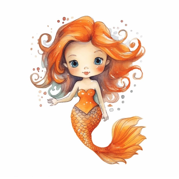 mermaid with orange hair and blue eyes in watercolor generative ai