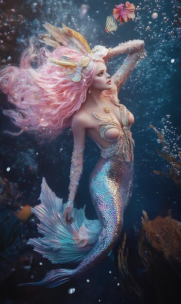 Photo mermaid with pink hair iridescent scales tale 1 full body shot bubbles in the water cinematic lighting photo realistic fantastic color mystica 1 ar 35 v 61 job id fdf038e6baca42a8a336be49390365a2