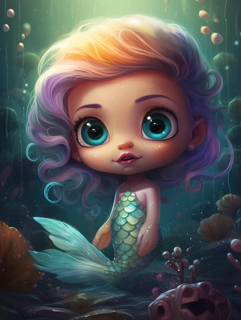 A mermaid with purple hair and purple eyes sits in a underwater world.