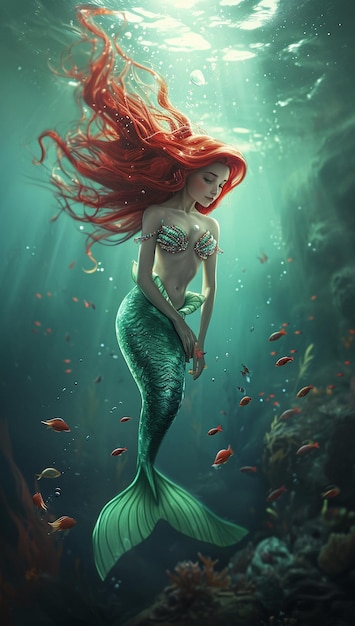 a mermaid with red hair is swimming in the water