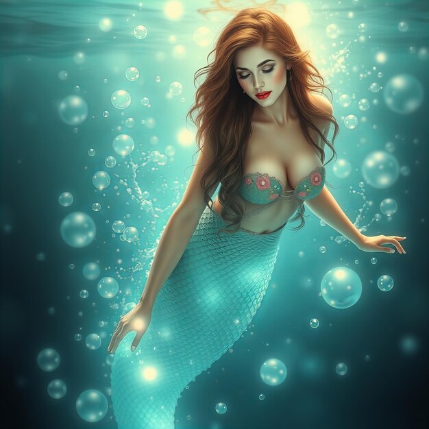 Photo a mermaid with a red hair and a white body under water