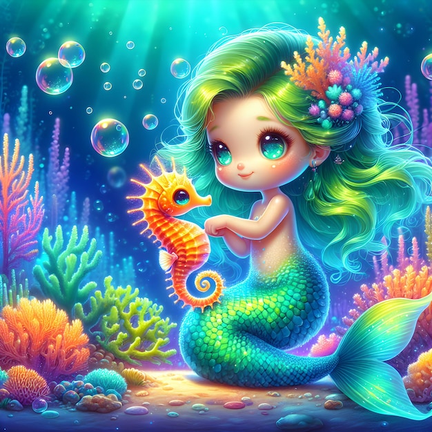 a mermaid with a sea shell and a fish in the background