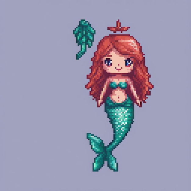 Mermaid with starfish head cross stitch pattern in pixel art style