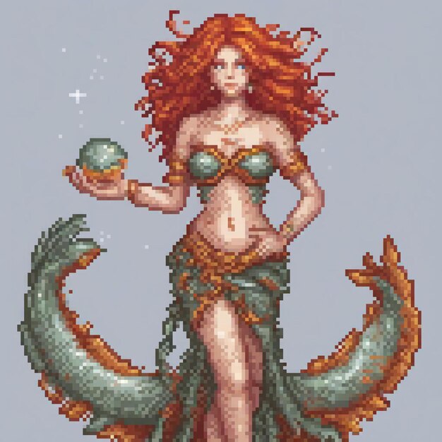 Photo mermaid with vibrant red hair and a lush green tail playfully holding a ball in pixel art