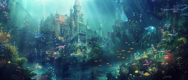 a mermaids castle is surrounded by fish and sea creatures