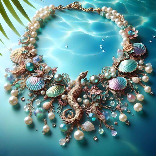 Photo mermaids treasure necklace adorned with shimmering pearls and iridescent shells this exquisite ne