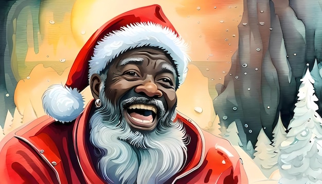 Merry black Santa Claus Watercolor painting style generative AI illustration for Christmas