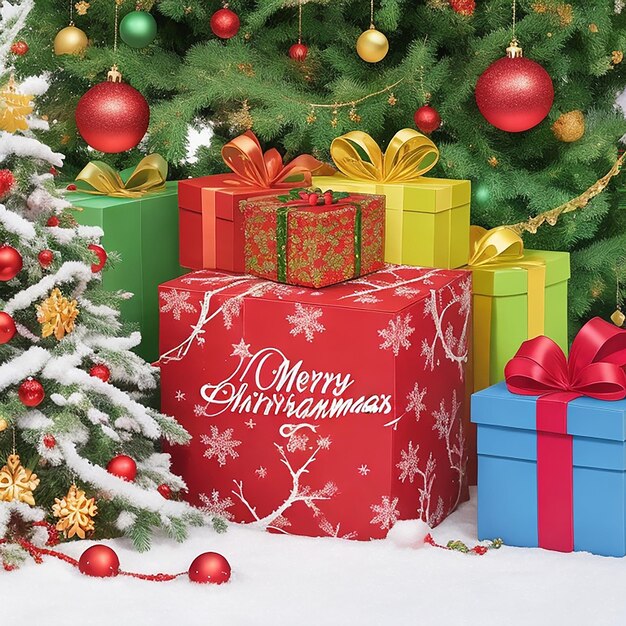 Merry charismas background with branches of tree and colorful gift boxes generated by AI