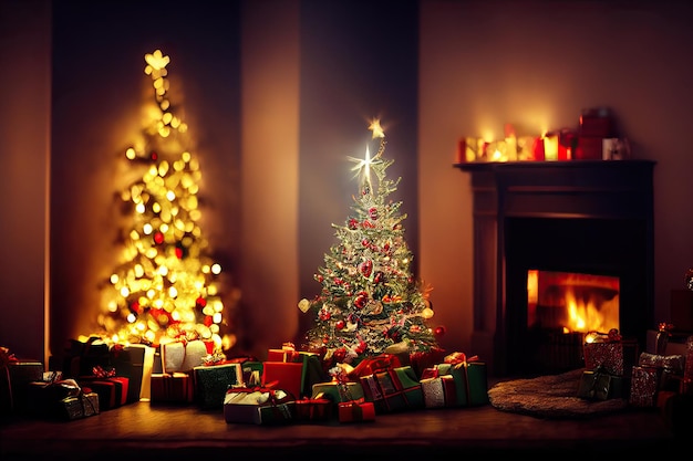 Merry Christmas background with gift next to Christmas Tree in decorated room with fireplace Digital Illustration