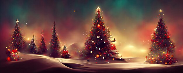 Merry Christmas background with pine trees balls gifts and Christmas decorations Digital Illustration