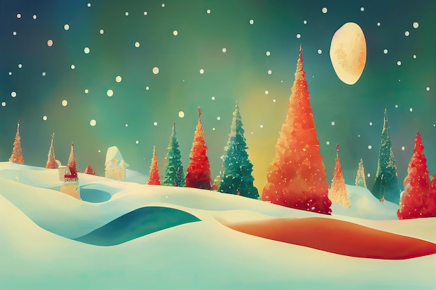 Merry Christmas background with pine trees balls gifts and Christmas decorations Digital Illustration