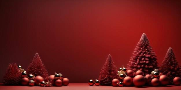 Merry Christmas Banner with Festive Decorations on Red Background with copy space