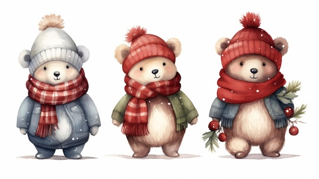 Merry Christmas Cute Cartoon Bears in Scarf and Hat on White Background AI Generated