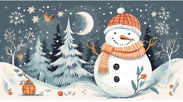 Merry Christmas cute greeting card with snowman and snow Generative AI