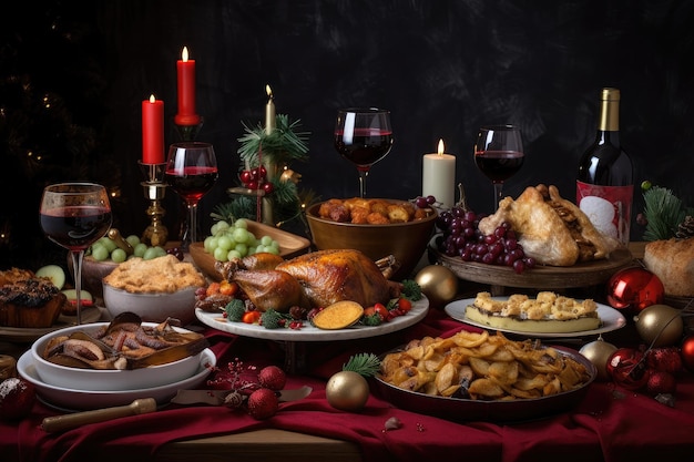 Merry christmas feast with plates of food and glasses of wine created with generative ai