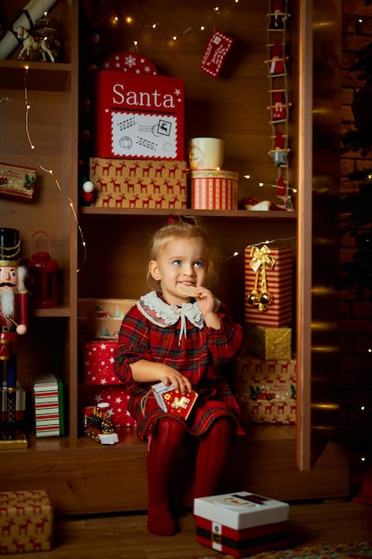 Merry christmas and happy holiday a little girl in a plaid dress