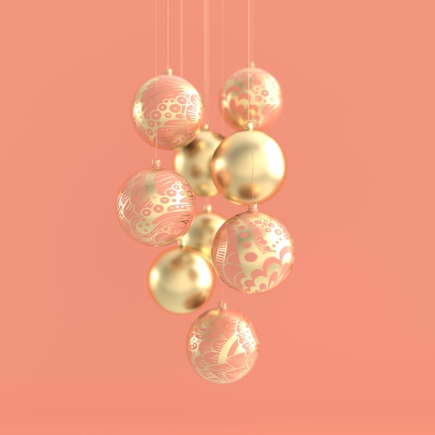 Merry Christmas and Happy New Year 3d render illustration card with pink and golden xmas balls