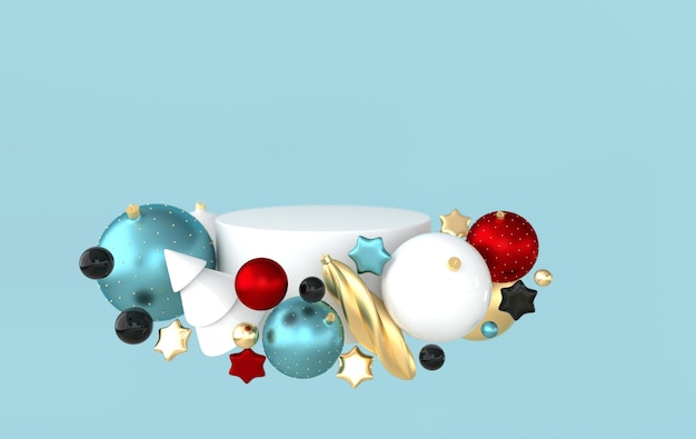 Merry Christmas and Happy New Year 3d xmas balls stars christmas tree platform