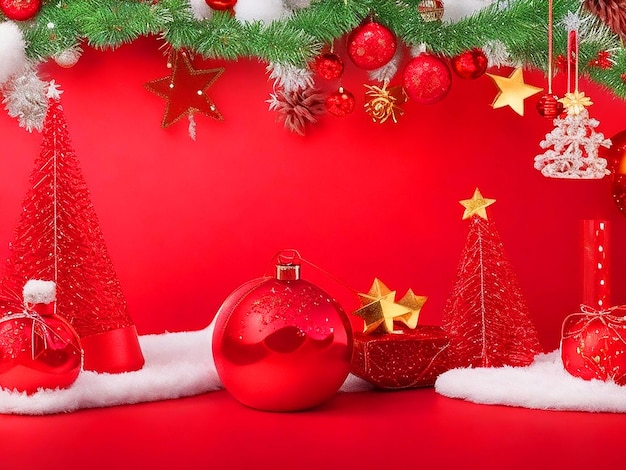 Merry christmas and happy new year background red green with realistic christmas elements