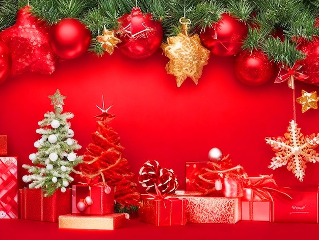 Merry christmas and happy new year background red green with realistic christmas elements