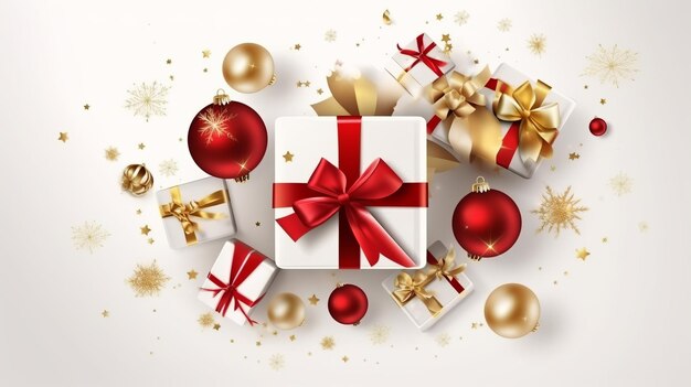 Merry Christmas and Happy New Year Background with realistic festive gifts box Generative Ai