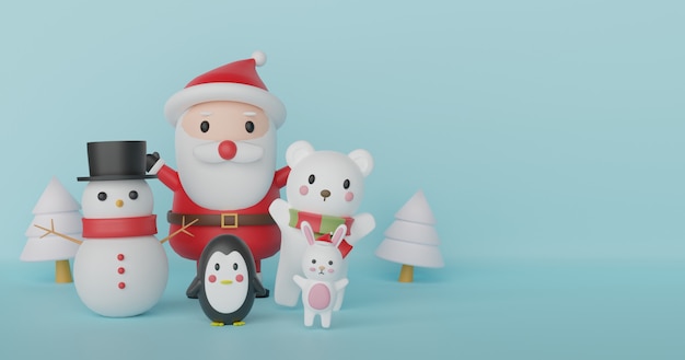 Merry Christmas and Happy New Year, Christmas banner .with cute Santa clause and friends 3 d rendering .