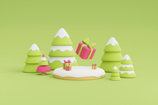 Merry christmas and happy new year,Gift box surrounded by pine tree ,minimal 3d design Xmas Decorations.3d render illustration.