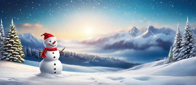 Photo merry christmas and happy new year greeting card with copy space happy snowman standing in winter christmas landscape snowy background 2024