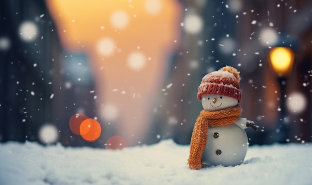 Merry christmas and happy new year greeting card with copy spaceHappy snowman standing in