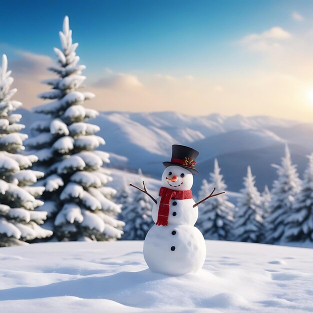 Photo merry christmas and happy new year greeting card with copyspacehappy snowman standing in christmas landscape