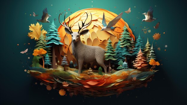 Merry Christmas and Happy New Year greeting card with deer in the forest