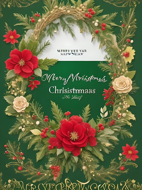 Merry christmas and happy new year greeting card with floral frame