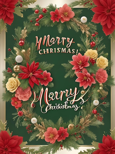 Merry christmas and happy new year greeting card with floral frame