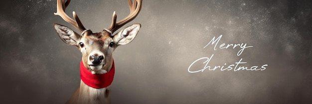 Merry Christmas and happy new year Portrait of funny deer with red scarf Reindeer in red scarf