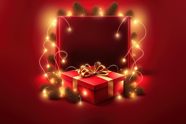 Merry Christmas Happy New Year Promotion Poster or banner with red gift boxLED String lights