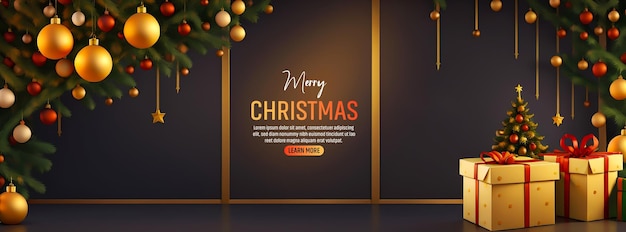 Merry Christmas and Happy New Year Realistic 3d design of objects light garlands bauble balls