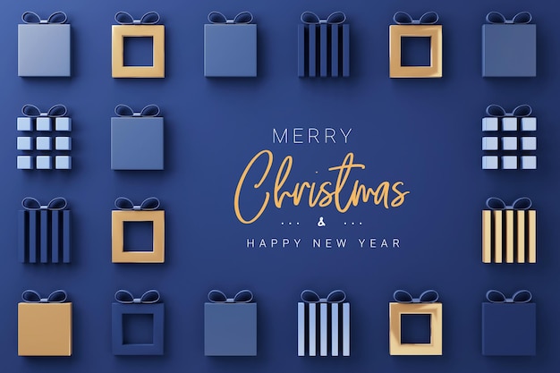 Merry Christmas and Happy New Year with gift box design on blue background