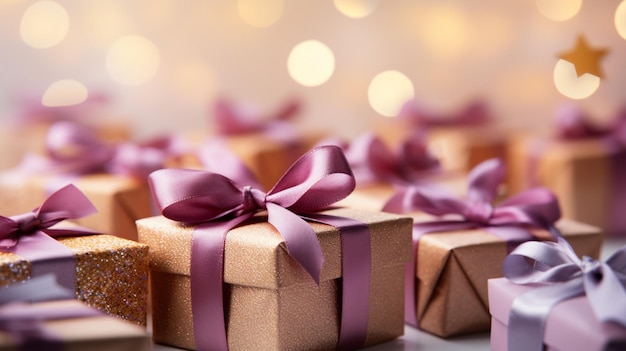 Merry Christmas Joyful gift boxes with bokeh background