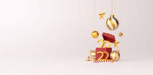 Merry christmas and new year 2022 presents concept. golden ball,  golden star, 2022 3d text and christmas decor on white background. 3D illustration