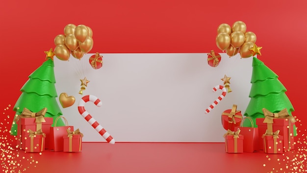 Merry Christmas and new year banner with festive decorations and product display copy space 3d