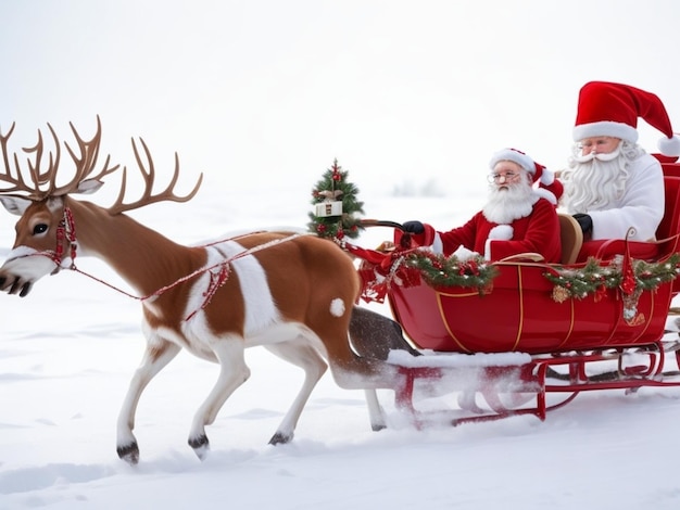 Merry christmas Photo of Santa Claus with with deer and gift box a team of reindeer