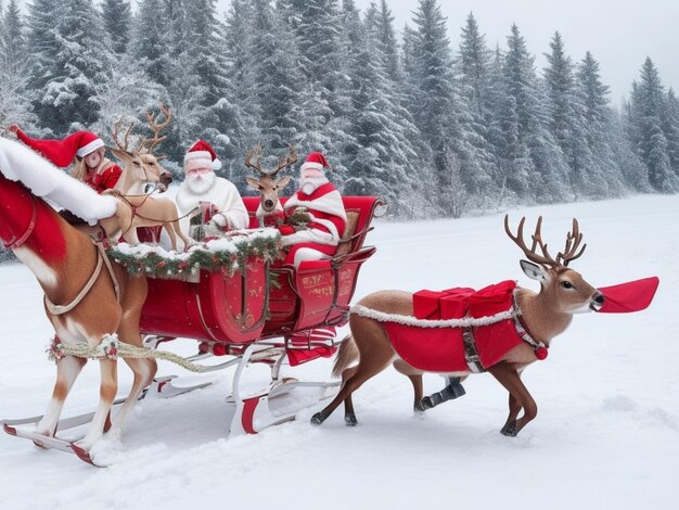 Merry christmas Photo of Santa Claus with with deer and gift box a team of reindeer