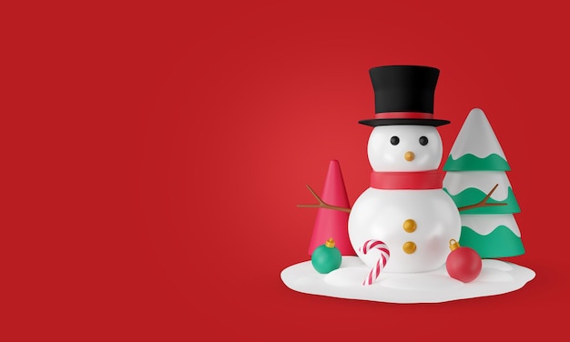 Merry christmas snowman with tree and gift box balls 3d merry christmas new year background